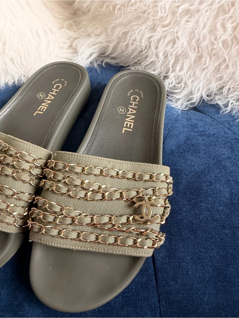 CHANEL Olive Green Chain-Embellished Slide Sandals